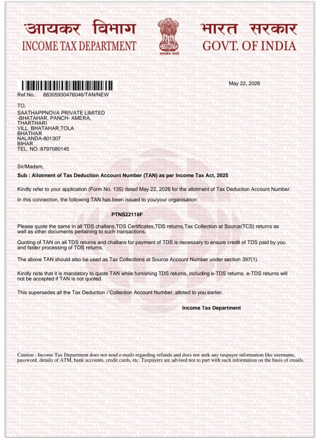 TAN Certificate